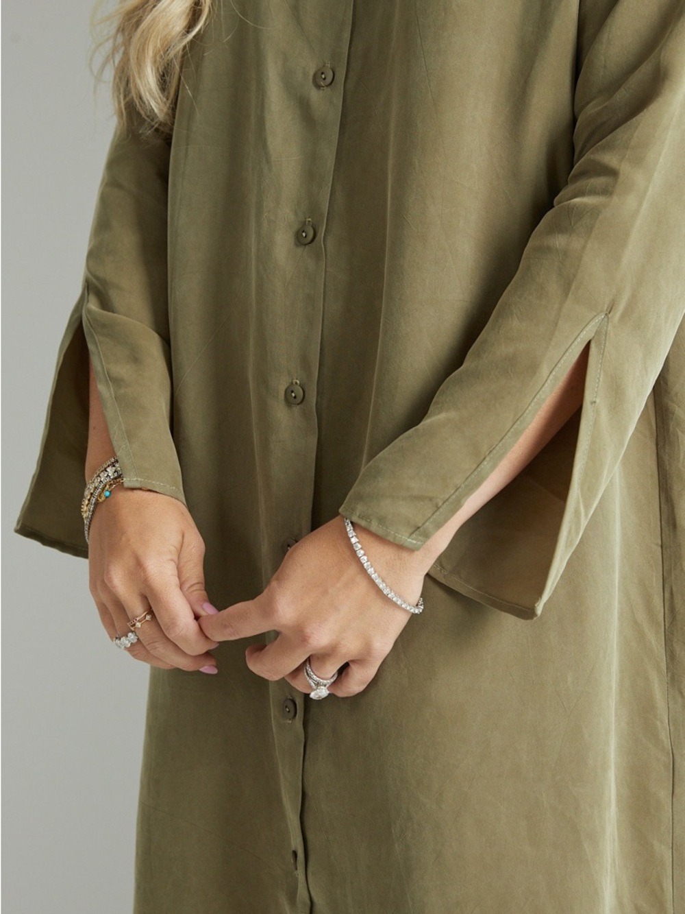 SOLIKA olive green cupro button up long sleeve midi shirt dress - Picture 2 of 5